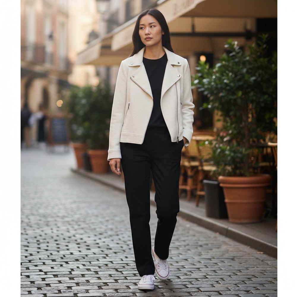 Ann Taylor Petite Cream Textured Moto Jacket Asymmetric Zip 12P New